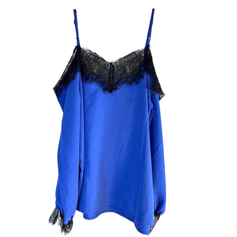 Womens Blouse Long Sleeves Off Shoulder Lace Spagetti Strap Adjustable Blue /Bla